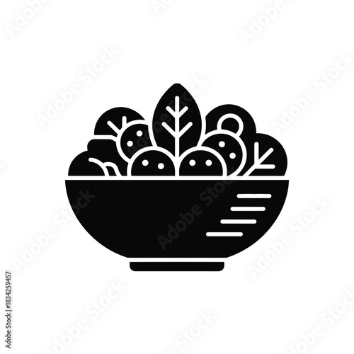 Healthy fresh salad in bowl solid black icon simple vector illustration vegetable leaves and fruits inside