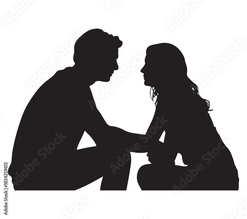  Silhouette of a romantic couple holding hands and looking into each other s eyes