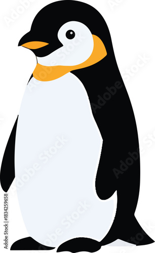 Cartoon illustration of an Emperor penguin facing left on a white background