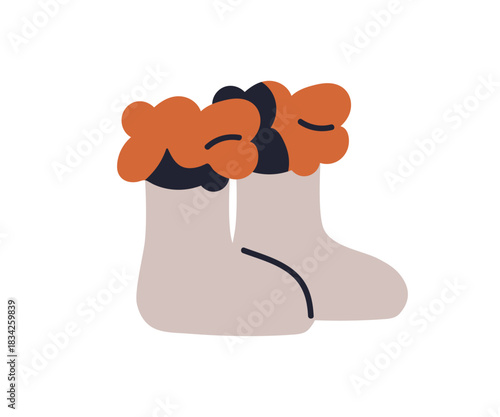 Winter boots pair. Cozy warm footwear with soft fur, furry fluffy trim. Wool shoes, foot wear for cold weather. Seasonal woolen fleece footgear. Flat vector illustration isolated on white background.