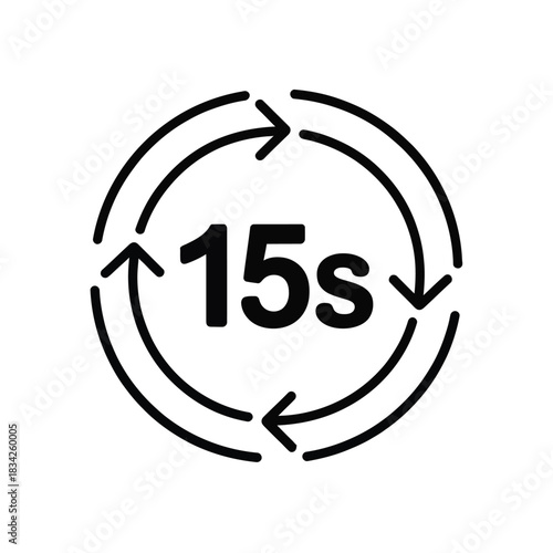 Fifteen seconds timer symbol indicating refresh or looping duration for quick video playback or short segment rewind isolated on transparent background