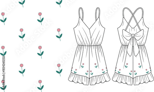 Fashion flat sketch of a ruffled romper with a floral pattern and a separate floral background fashion sketch