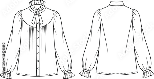 Fashion flat sketch of a ruffled collar blouse with bow tie and gathered sleeves shirt fashion sketch