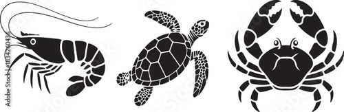 Black and White Ocean Animals Vector Seafood and Wildlife Illustrations - Sea Creatures Vector Collection Prawn, Turtle, and Crab Symbols