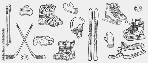 Hand drawn winter sports equipment: ski, snowboard, sled, boots, hockey, curling, goggles, ice skates, helmet, mittens. Vector sketch illustration in vintage crayon charcoal style. Winter activity