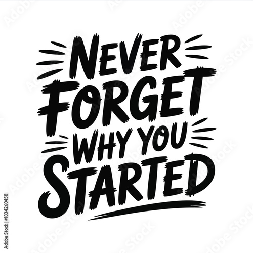 Never forget why you started lettering composition encouraging persistence goals achievement black and white vector graphic design element