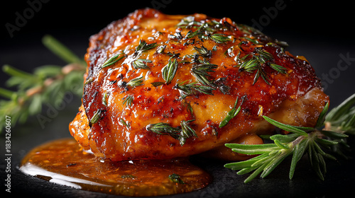 Close up of a glazed chicken thigh with herbs and sauce on a dark surface and background