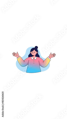 Cheerful woman in colorful shirt welcomes with open arms, radiating positivity and connection - perfect for inclusive and friendly designs