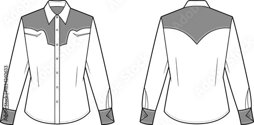 Fashion flat sketch of a white and grey long-sleeved western shirt with snap buttons drawing
