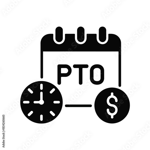 Paid time off calendar with clock and dollar coin representing vacation benefits and financial compensation vector