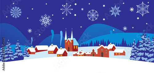 Christmas card with village houses and fir trees in the snow. Festive snowy Christmas landscape. Vector illustration.