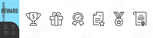 Reward set of web icons in line style. A collection of linear icons representing various reward concepts, including gift, trophy, recognition, reward program, medal, bonus, and more