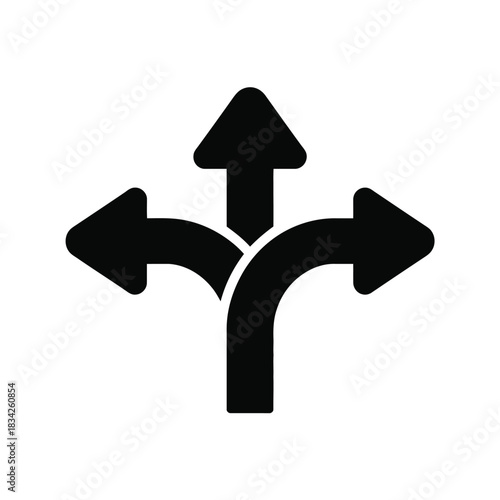 Three-way direction arrow sign icon vector illustration representing choice future path or decision concept black graphic