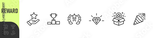 Reward set of web icons in line style. A collection of linear icons representing various reward concepts, including gift, trophy, recognition, reward program, medal, bonus, and more