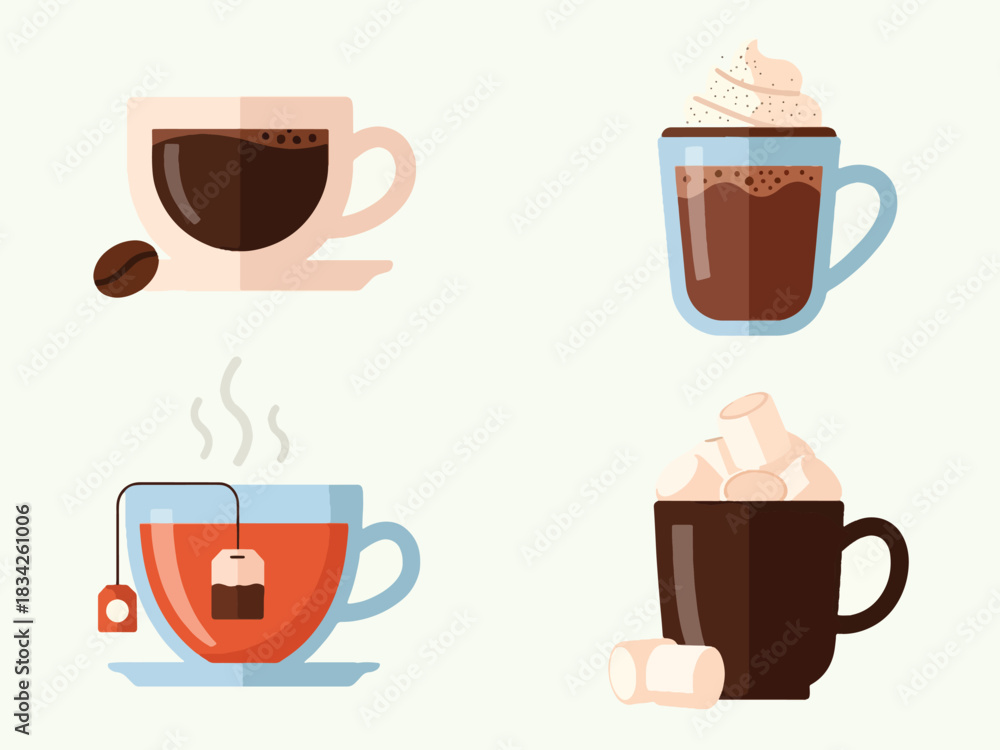 Obraz premium Four illustrations of hot beverages coffee mocha tea and hot chocolate with marshmallows