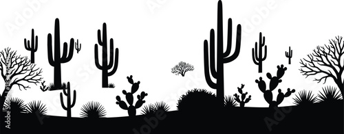 Desert silhouette, cactus scene, saguaro cactus, prickly pear, agave plant, dry terrain, nature vector, black design, arid landscape, botanical illustration