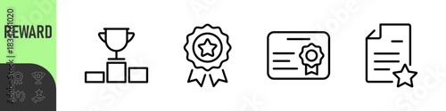 Reward set of web icons in line style. A collection of linear icons representing various reward concepts, including gift, trophy, recognition, reward program, medal, bonus, and more