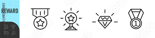 Reward set of web icons in line style. A collection of linear icons representing various reward concepts, including gift, trophy, recognition, reward program, medal, bonus, and more