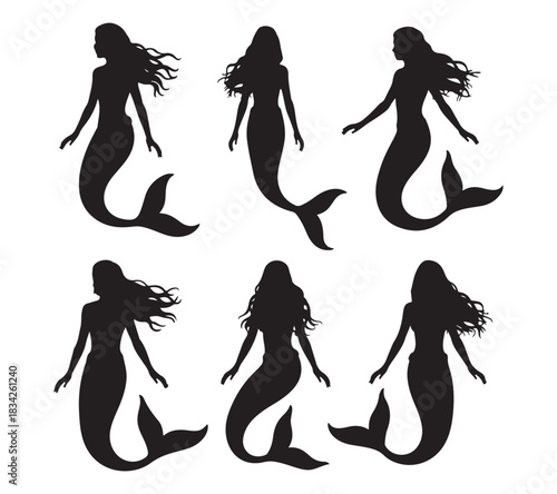  Collection of six black silhouette illustrations of mermaids with flowing hair and tails on a white background