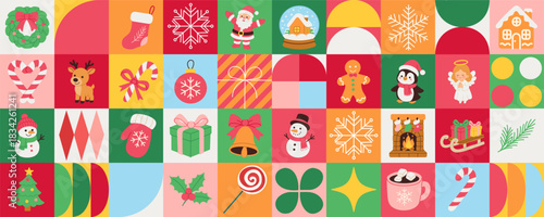 A colorful Christmas scene with many different images and symbols. Scene is festive and joyful, with a focus on the holiday season