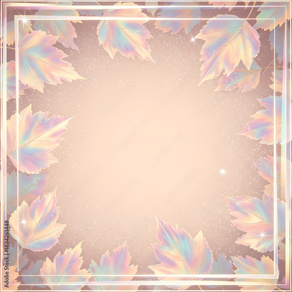 Obraz premium Holographic autumn leaf frame border with soft pastel gradient background