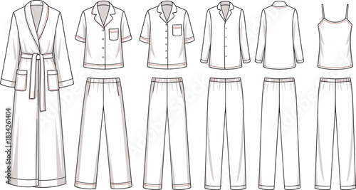 Fashion flat sketches of women's pajamas and robe set with striped trim sleepwear loungewear