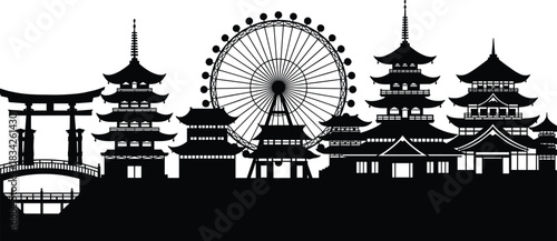 Japanese architecture, pagoda silhouette, torii gate, Ferris wheel, cultural skyline, traditional design, modern contrast, black vector, heritage art, urban blend