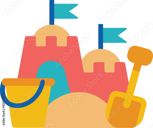 Vector sandcastle with flags bucket and shovel on a sandy beach for summer vacation concepts
