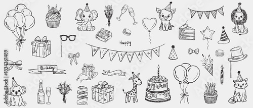 Hand drawn birthday party elements with animals, sweets, and festive decor. Vector sketch illustration in vintage crayon charcoal style. Happy Birthday party decorations, print designs