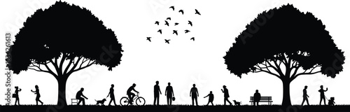 Park silhouette, people activity, outdoor recreation, tree scene, walking dog, cycling art, family moment, nature vector, black design, social interaction