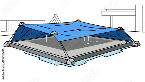 A blue tarp covers a square shallow pool secured by rocks with water pooling underneath