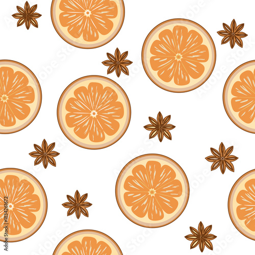 Vector illustration seamless pattern featuring vibrant orange slices and star anise, creating a fresh and aromatic design perfect for culinary and decorative applications