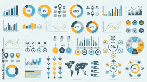 A collection of flat design data visualization elements including charts graphs and icons