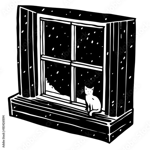 Cat Gazing at Winter Snowfall from Window Seat.