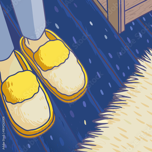 Cozy Slippers on a Dark Blue Rug Illustration.