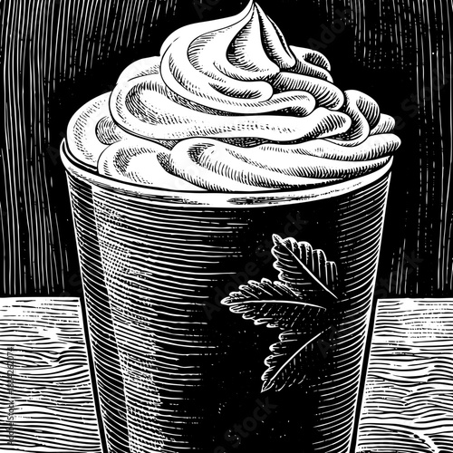 Detailed Woodcut Illustration of a Drink with Whipped Cream.
