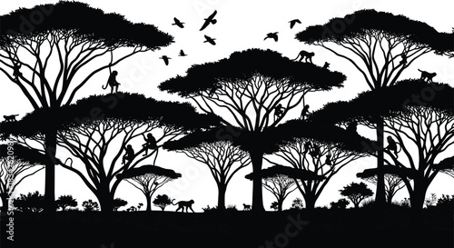 Savanna silhouette, acacia trees, wildlife scene, monkey activity, flying birds, lion presence, nature vector, black design, ecosystem art, biodiversity sketch
