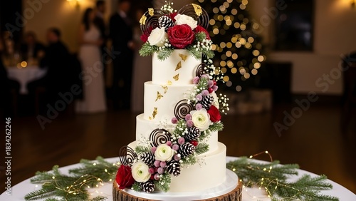 Elegant Naked Wedding Cake with Delicate Floral Decorations in a Rustic Setting