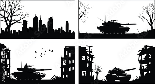 Urban warfare, tank illustration, war destruction, city ruins, military scene, black silhouette, battle zone, devastated buildings, leafless trees, conflict art