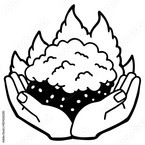 Hands holding a stylized burning bush illustration religious symbol.