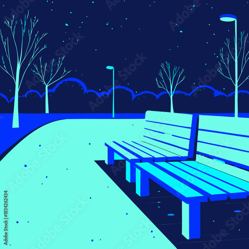 Night Park Bench Serenity A Tranquil Illustration of Urban Calm.
