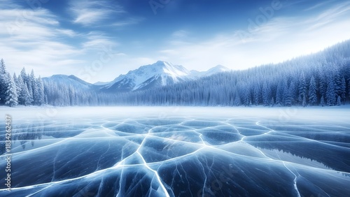 Frozen lake with cracked ice and snowy mountains