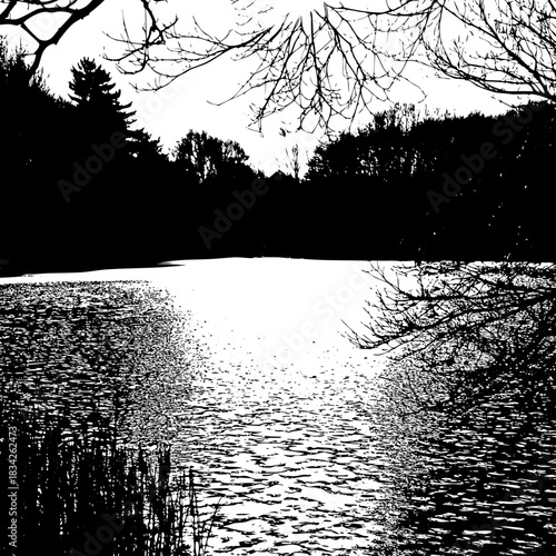 Monochrome Serenity A Lakeside View in Stark Contrast.