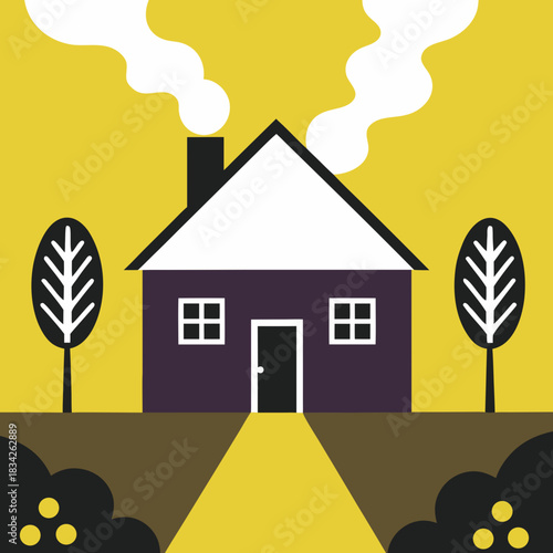 Stylized House Illustration with Smoke and Trees in Flat Design.