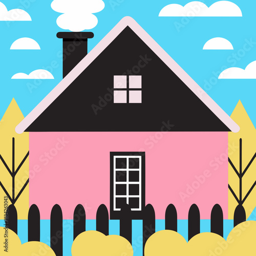 Stylized Pink House with Black Roof and White Trim Illustration.