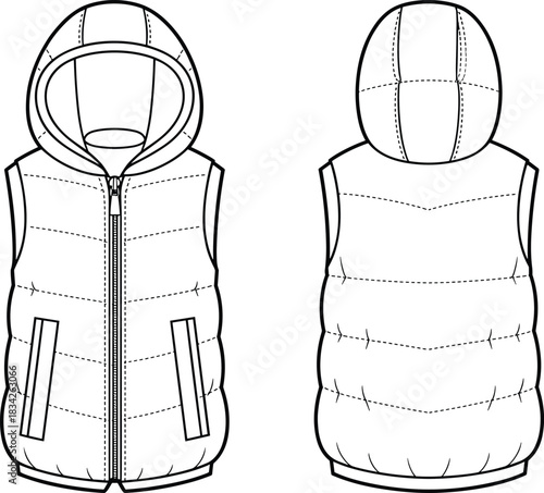Front and back view fashion flat sketch of a quilted puffer vest with hood quilted vest hooded vest