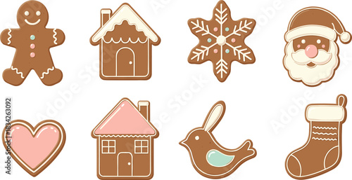 Flat Christmas Gingerbread Cookie Vector Set.