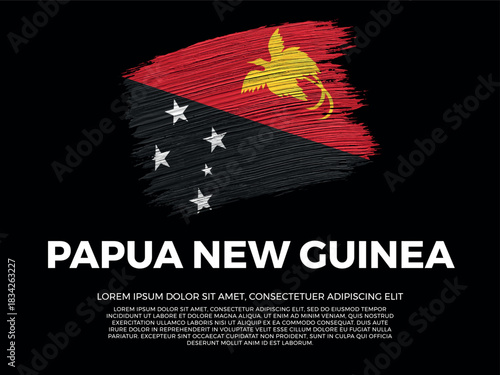 Flag of Papua New Guinea. Austral and Polynesian Culture. Vibrant, textured brushstroke effect style. Black background with copy space. Dramatic composition in negative space.