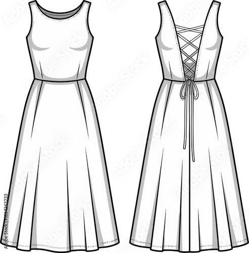 Front and back view fashion flat sketch of a white sleeveless midi dress with lace up back sleeveless dress