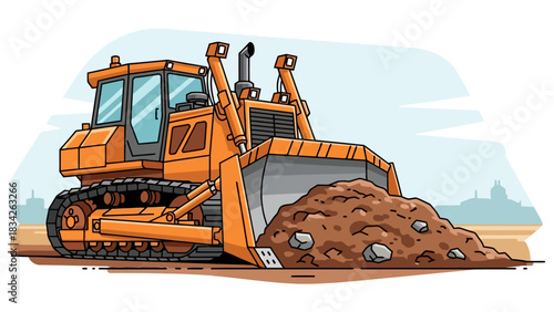 Cartoon orange bulldozer pushing a large mound of brown dirt and rocks